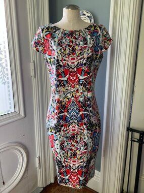 Tahari Abstract Kaleidoscope Print Sheath Dress Neon Zip Pink Lined US 12